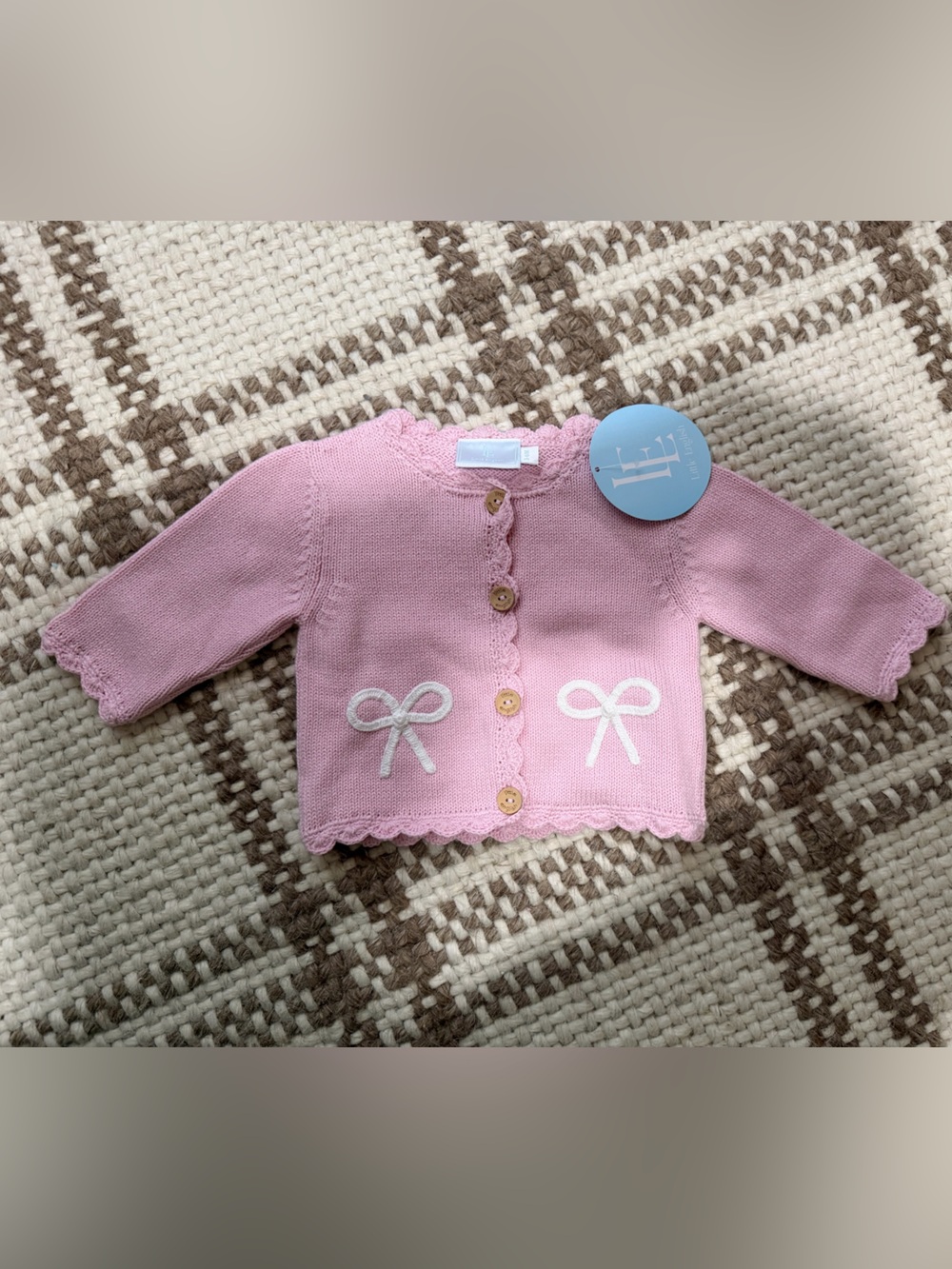 Little English Pink Knit Cardigan with White Bow Appliqués